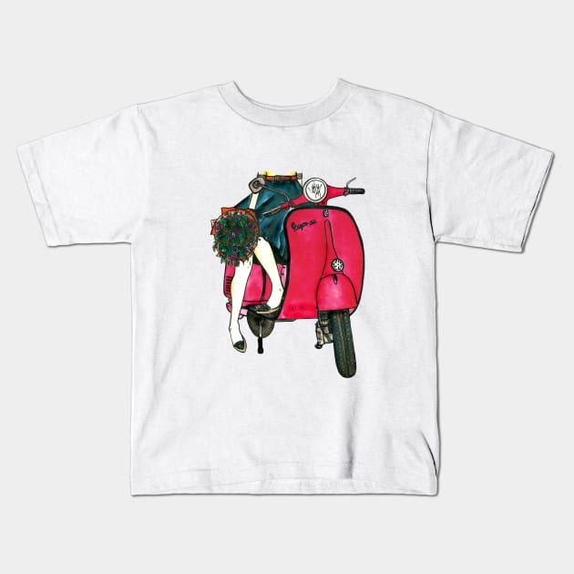 Red Scooter in Paris Kids T-Shirt by CasValli